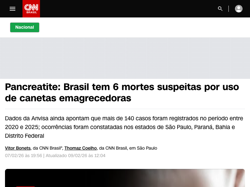 Pancreatite: Brasil tem 6 mortes suspeitas por uso de canetas emagrecedoras